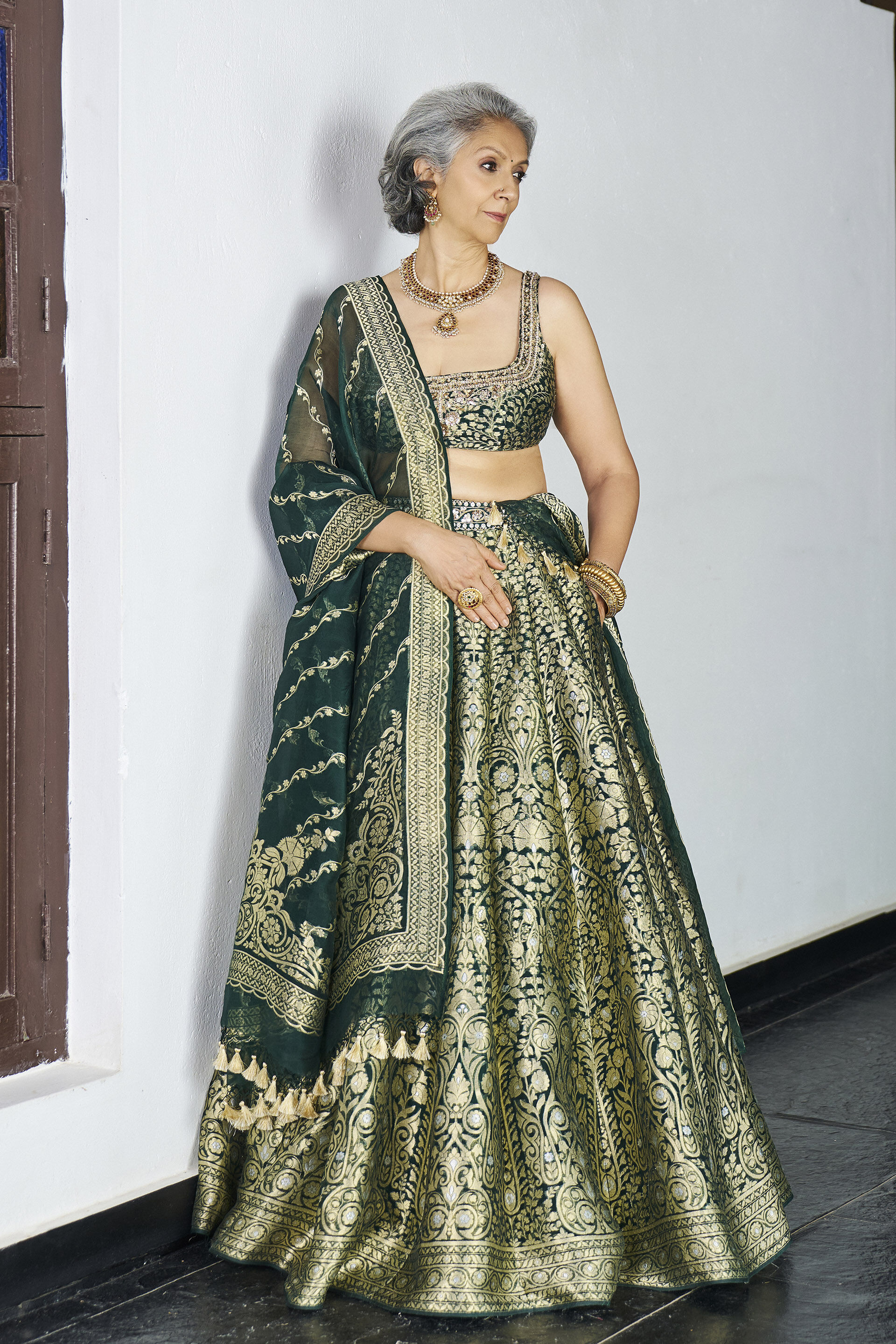 Sajni Benarasi Silk Lehenga Set - Green